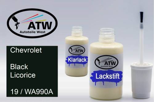 Chevrolet, Black Licorice, 19 / WA990A: 20ml Lackstift + 20ml Klarlack - Set, von ATW Autoteile West.